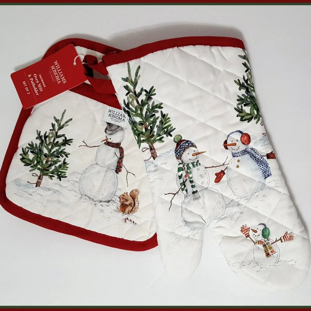 NEW RARE Williams Sonoma Snowman Oven Mitt & Potholder Set